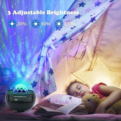 Star projector with remote control and bluetooth music speaker, multi-color 360 rotation 