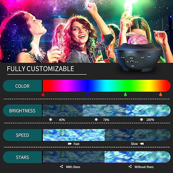 جهاز عرض النجوم مع التحكم عن بعد و بلوتوث الموسيقى المتكلم، متعددة الألوان 360 دوران